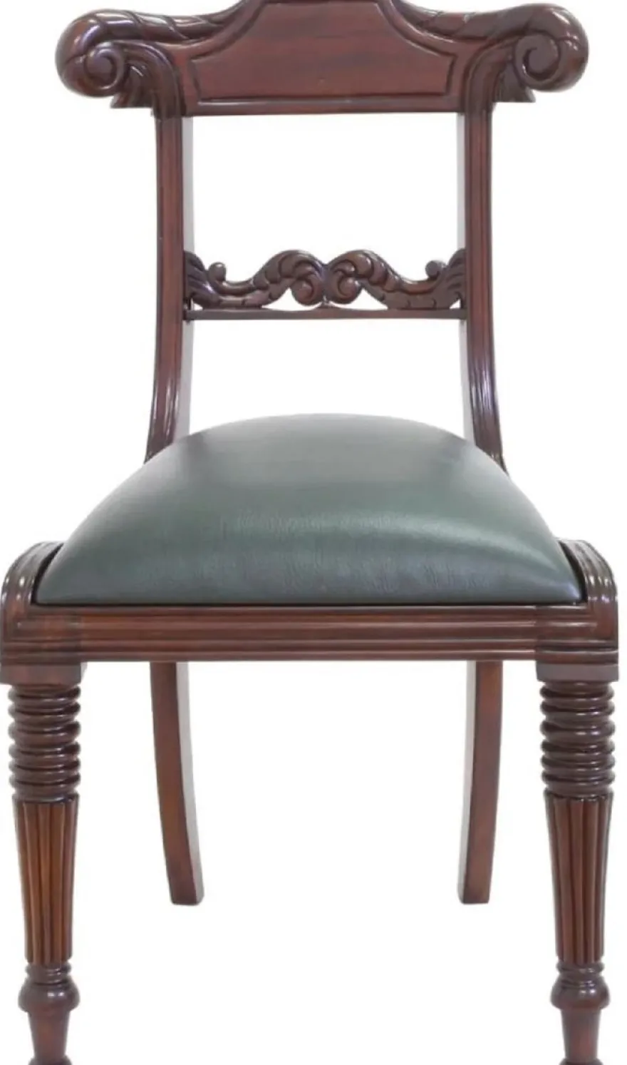 Casa Padrino Luxus Jugendstil Mahagoni Esszimmer Stuhl mit Echtleder Dunkelbraun / Grün 52 x 58 x H. 90 cm - Massivholz Leder Küchen Stuhl - Barock & Jugendstil Esszimmer Möbel