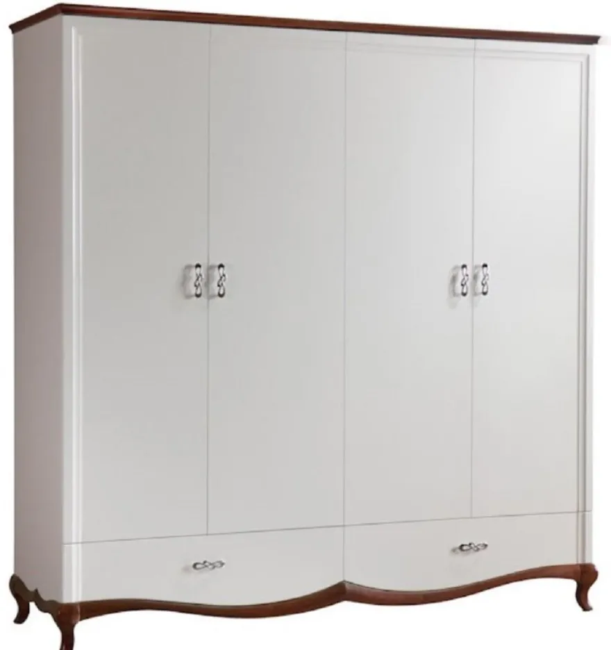 Casa Padrino Luxus Jugendstil Schlafzimmerschrank Hochglanz Weiß / Braun 204,4 x 62,5 x H. 209,5 cm - Massivholz Kleiderschrank mit 4 Türen und 2 Schubladen - Schlafzimmer Möbel