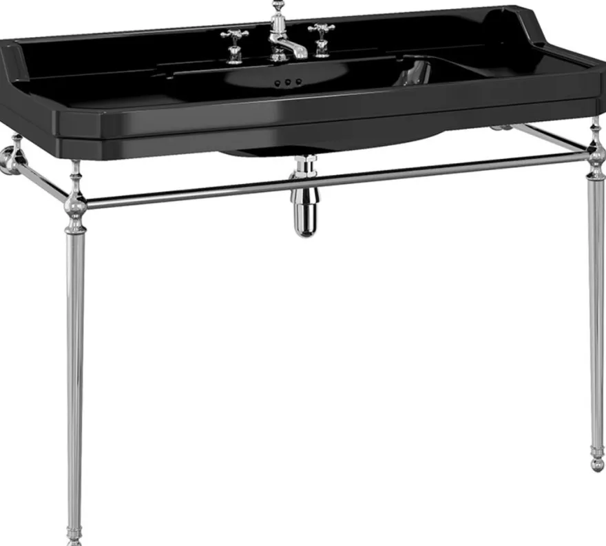 Casa Padrino Luxus Jugendstil Waschtisch Schwarz / Silber 121 x 51 x H. 90 cm - Porzellan 3-Loch Stand Waschbecken mit Untergestell - Badezimmer Möbel