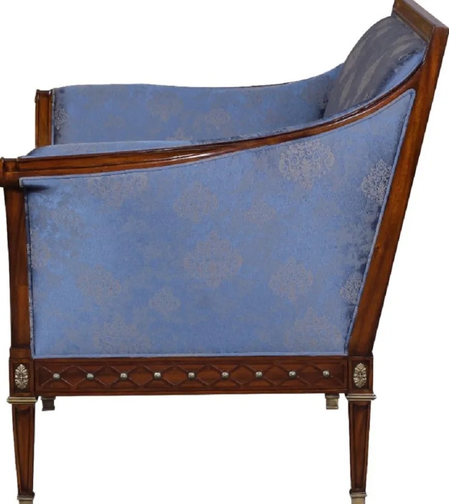 Casa Padrino Luxus Jugendstil Sessel Blau / Braun / Antik Messingfarben 112 x 89 x H. 100 cm - Edler Mahagoni Wohnzimmer Sessel mit elegantem Damastmuster - Barock & Jugendstil Wohnzimmer Möbel