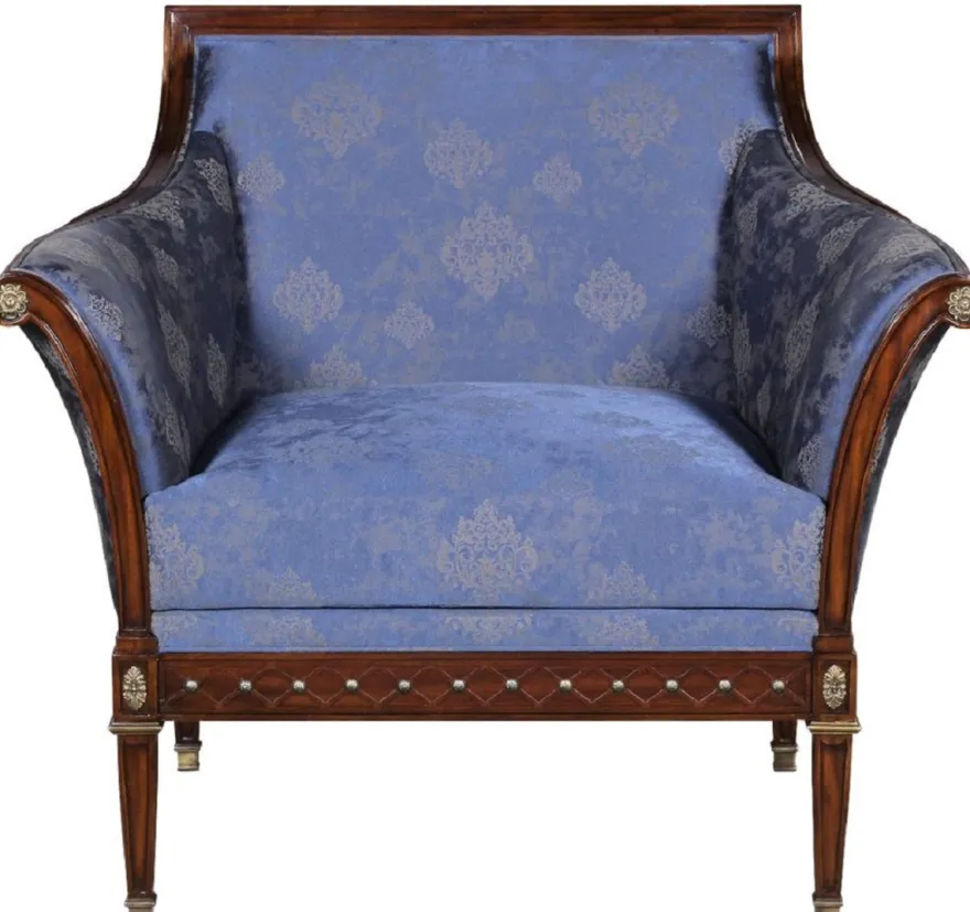 Casa Padrino Luxus Jugendstil Sessel Blau / Braun / Antik Messingfarben 112 x 89 x H. 100 cm - Edler Mahagoni Wohnzimmer Sessel mit elegantem Damastmuster - Barock & Jugendstil Wohnzimmer Möbel