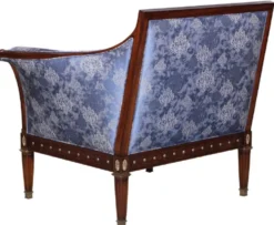 Casa Padrino Luxus Jugendstil Sessel Blau / Braun / Antik Messingfarben 112 x 89 x H. 100 cm - Edler Mahagoni Wohnzimmer Sessel mit elegantem Damastmuster - Barock & Jugendstil Wohnzimmer Möbel