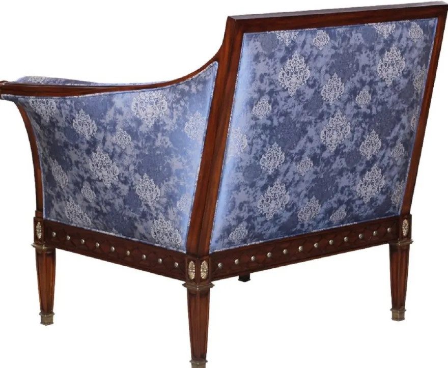 Casa Padrino Luxus Jugendstil Sessel Blau / Braun / Antik Messingfarben 112 x 89 x H. 100 cm - Edler Mahagoni Wohnzimmer Sessel mit elegantem Damastmuster - Barock & Jugendstil Wohnzimmer Möbel