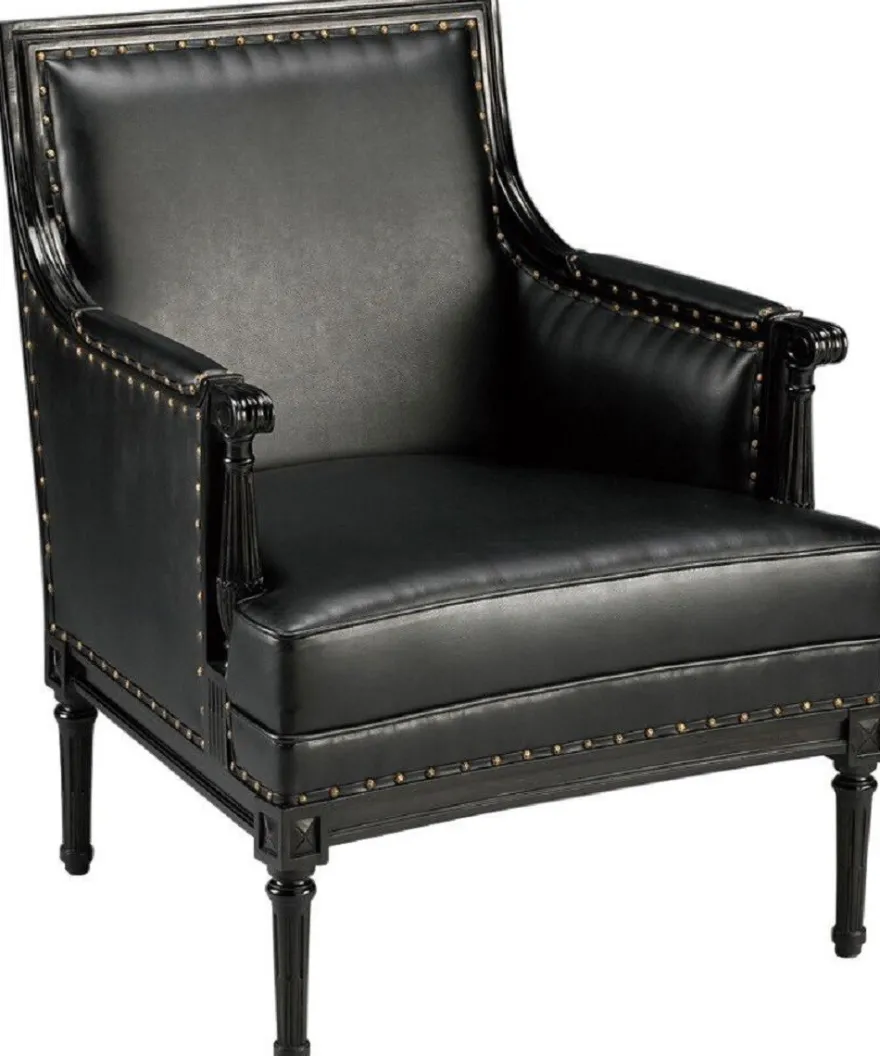 Casa Padrino Luxus Jugendstil Leder Sessel Schwarz / Antik Messing 69,5 x 74,7 x H. 89 cm - Echtleder Wohnzimmer Sessel - Leder Möbel - Wohnzimmer Möbel - Barock Möbel - Jugendstil Möbel