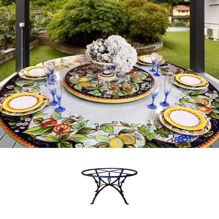 Casa Padrino Luxus Jugendstil Gartentisch Früchtegirlande Blau Ø 180 cm - Runder Esstisch aus handbemaltem Lavastein - Gastronomie Möbel - Made in Italy