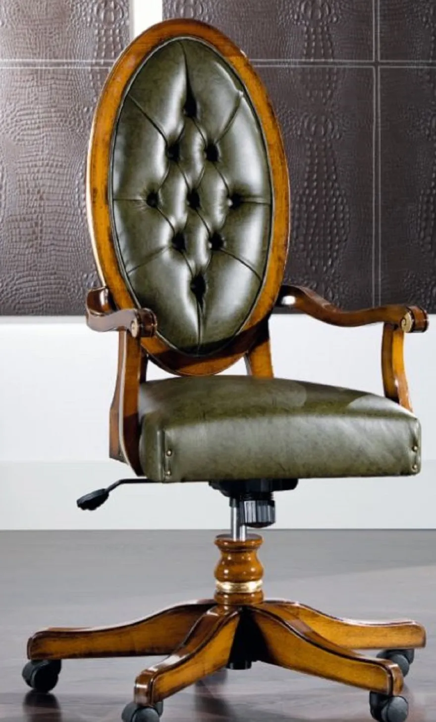Casa Padrino Luxus Jugendstil Bürostuhl Vintage Grün / Braun 56 x 47 x H. 110-120 cm - Höhenverstellbarer Schreibtischstuhl mit Echtleder - Barock & Jugendstil Büro Möbel