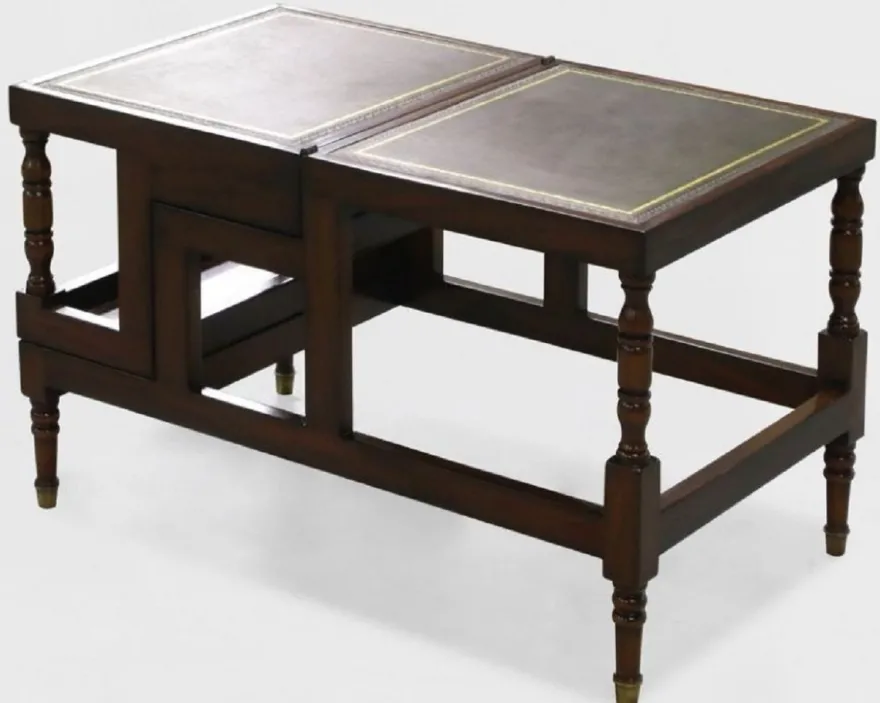 Casa Padrino Luxus Jugendstil Couchtisch Dunkelbraun / Grün / Gold - Ausklappbare Massivholz Bibliothekstreppe mit Echtleder - Jugendstil Wohnzimmer Möbel - Edel & Prunkvoll