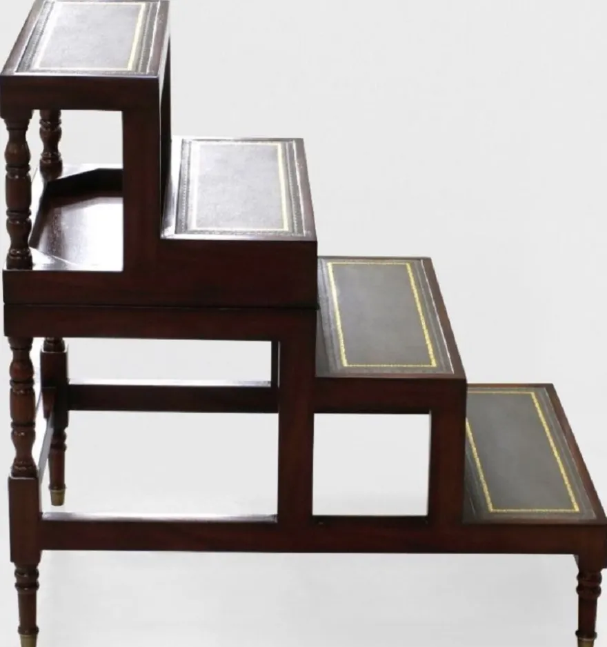 Casa Padrino Luxus Jugendstil Couchtisch Dunkelbraun / Grün / Gold - Ausklappbare Massivholz Bibliothekstreppe mit Echtleder - Jugendstil Wohnzimmer Möbel - Edel & Prunkvoll