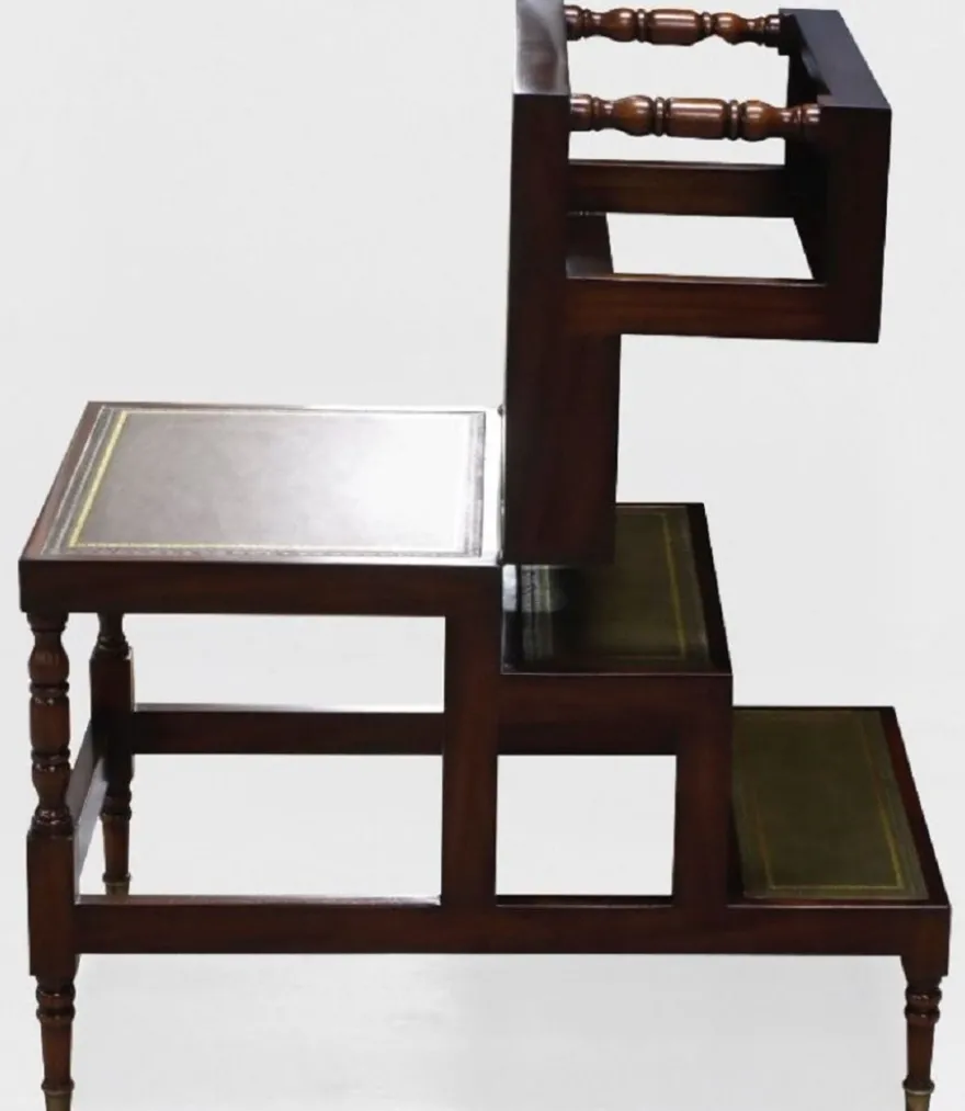 Casa Padrino Luxus Jugendstil Couchtisch Dunkelbraun / Grün / Gold - Ausklappbare Massivholz Bibliothekstreppe mit Echtleder - Jugendstil Wohnzimmer Möbel - Edel & Prunkvoll