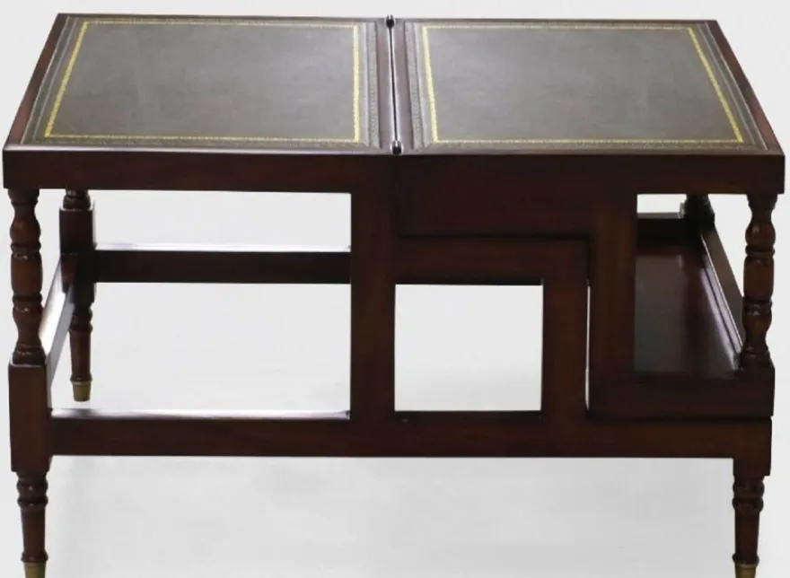 Casa Padrino Luxus Jugendstil Couchtisch Dunkelbraun / Grün / Gold - Ausklappbare Massivholz Bibliothekstreppe mit Echtleder - Jugendstil Wohnzimmer Möbel - Edel & Prunkvoll