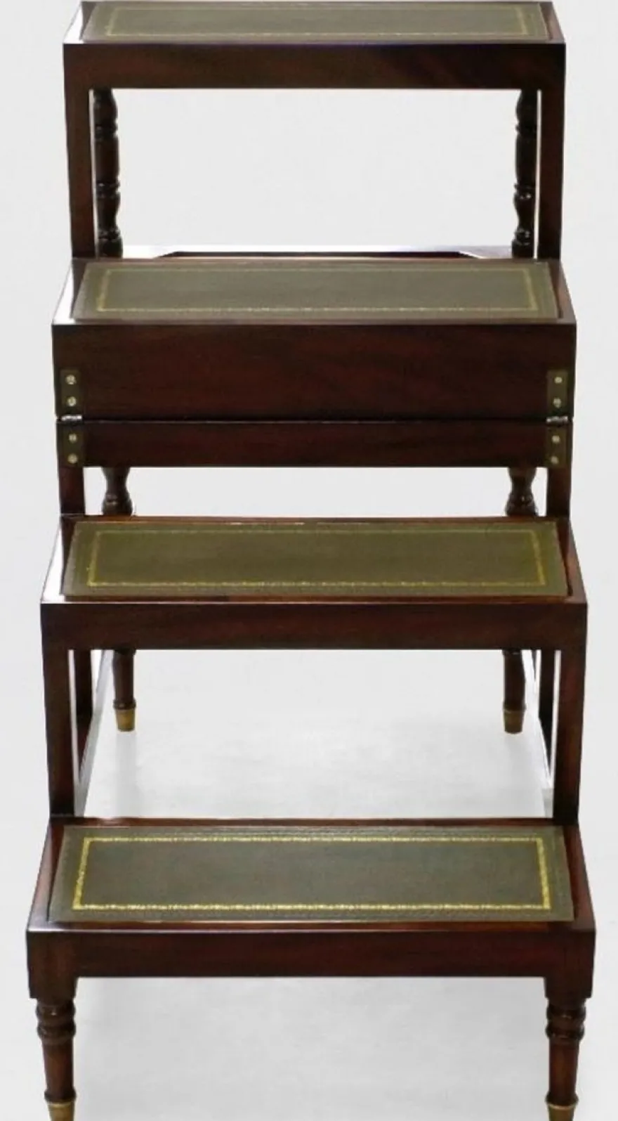 Casa Padrino Luxus Jugendstil Couchtisch Dunkelbraun / Grün / Gold - Ausklappbare Massivholz Bibliothekstreppe mit Echtleder - Jugendstil Wohnzimmer Möbel - Edel & Prunkvoll
