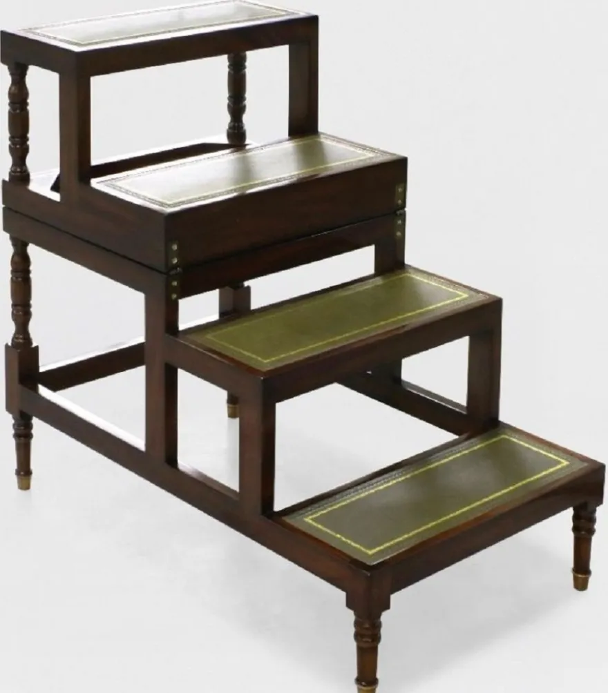 Casa Padrino Luxus Jugendstil Couchtisch Dunkelbraun / Grün / Gold - Ausklappbare Massivholz Bibliothekstreppe mit Echtleder - Jugendstil Wohnzimmer Möbel - Edel & Prunkvoll