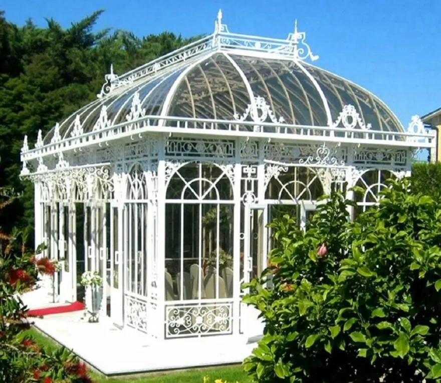 Casa Padrino Luxus Jugendstil Gartenhaus Weiß 856 x 456 x H. 516 cm - Schmiedeeisen Garten Pavillon - Gewächshaus - Edel & Prunkvoll