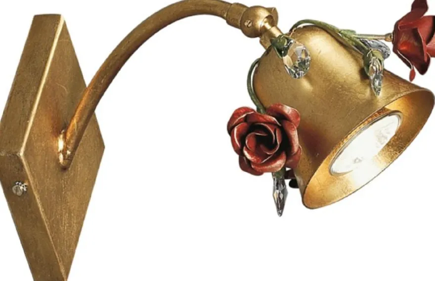 Casa Padrino Luxus Jugendstil Wandleuchte Rosen mit Swarovski Kristallglas und schwenkbarem Lampenschirm Gold / Rot 12 x 16 x H. 23 cm - Barock & Jugendstil Wandleuchten