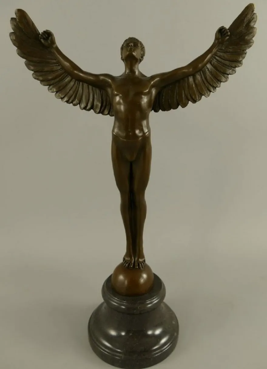 Casa Padrino Luxus Jugendstil Deko Skulptur Icarus Bronze / Schwarz 27 x 12 x H. 40 cm - Bronze Figur mit Marmorsockel - Barock & Jugendstil Bronze Skulpturen