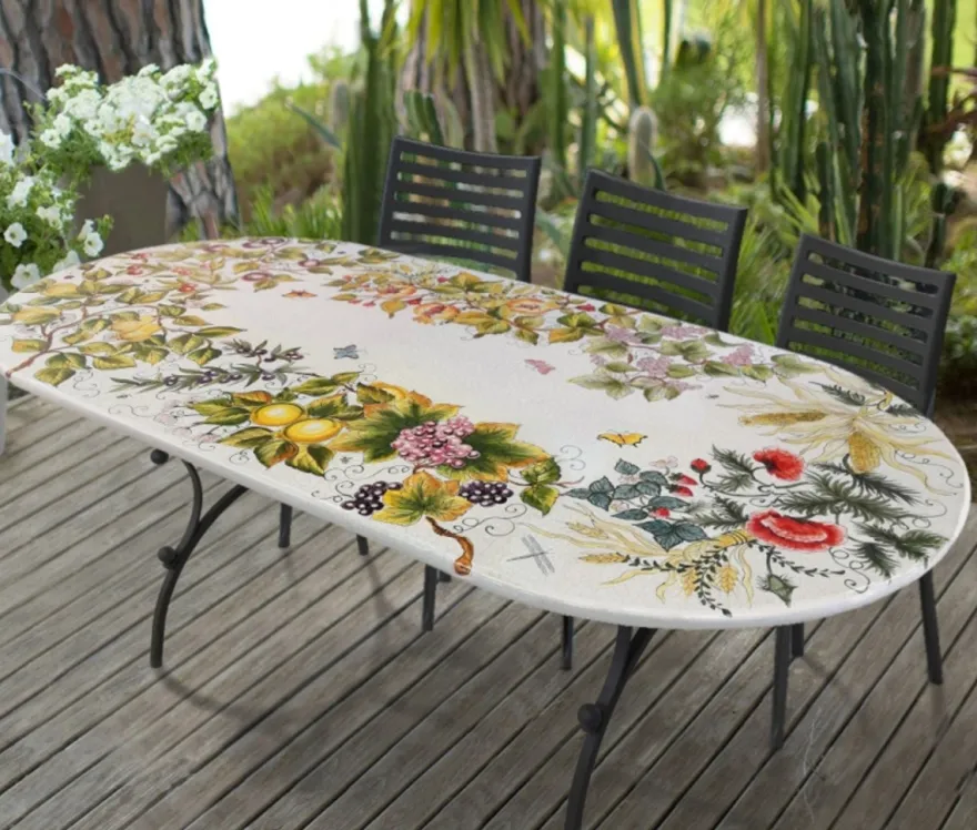 Casa Padrino Luxus Jugendstil Gartentisch Früchtekranz 200 × 100 cm - Ovaler Esstisch aus handbemaltem Lavastein - Gastronomie Möbel - Made in Italy