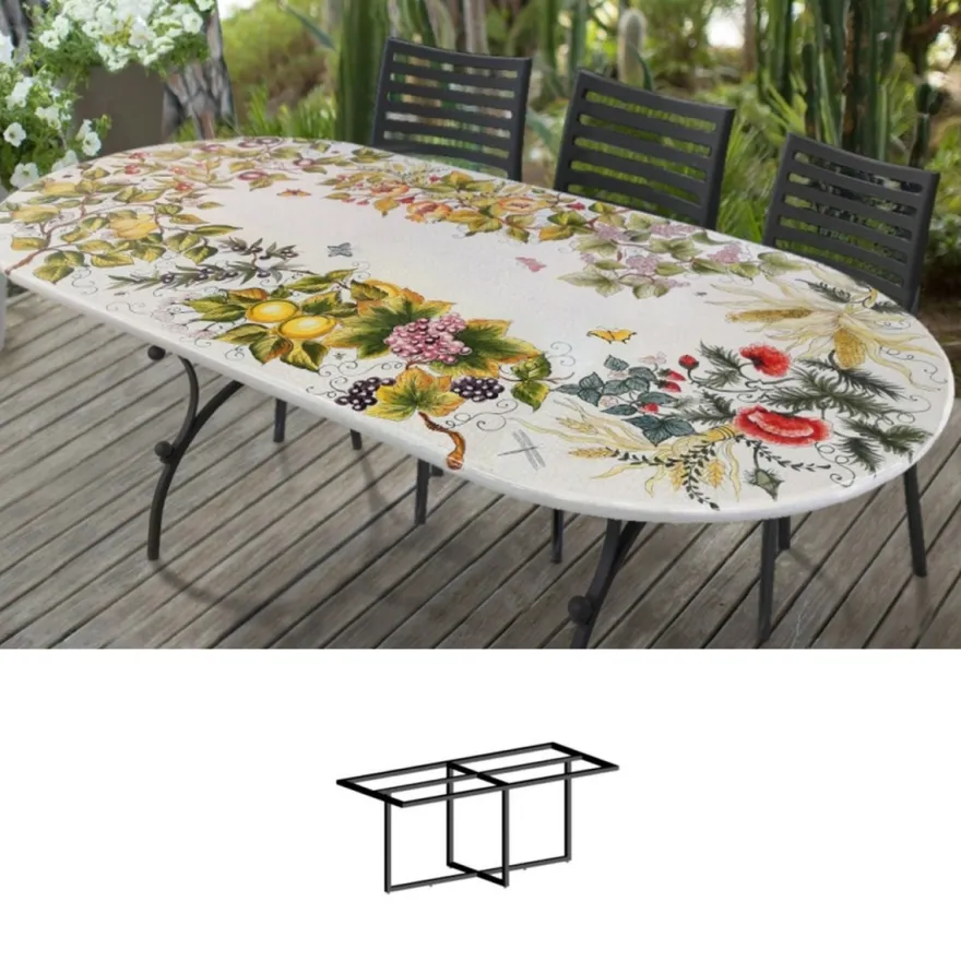 Casa Padrino Luxus Jugendstil Gartentisch Früchtekranz 200 × 100 cm - Ovaler Esstisch aus handbemaltem Lavastein - Gastronomie Möbel - Made in Italy