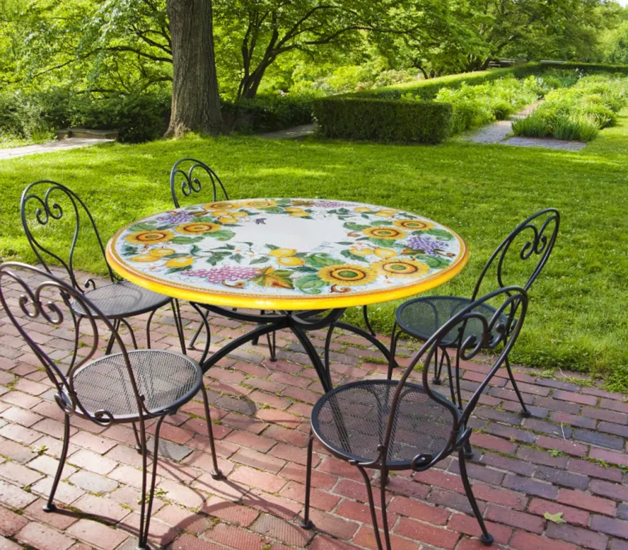 Casa Padrino Luxus Jugendstil Gartentisch Trauben, Zitronen und Sonnenblumen Ø 120 cm - Runder Esstisch aus handbemaltem Lavastein - Gastronomie Möbel - Made in Italy