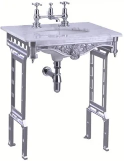 Casa Padrino Luxus Jugendstil Stand Waschtisch Weiß / Aluminium mit Marmorplatte - Höhe 805 mm, Breite 650 mm, Tiefe 575 mm