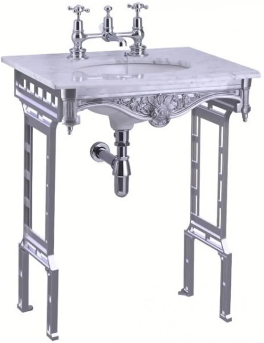 Casa Padrino Luxus Jugendstil Stand Waschtisch Weiß / Aluminium mit Marmorplatte - Höhe 805 mm, Breite 650 mm, Tiefe 575 mm