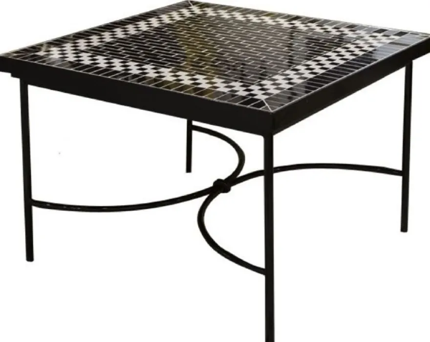 Casa Padrino Luxus Jugendstil Couchtisch Schwarz / Weiß 80 x 80 x H. 45 cm - Handgefertigter Schmiedeeisen Tisch mit Keramik Fliesen Tischplatte - Wohnzimmer Garten Terrassen Tisch Möbel