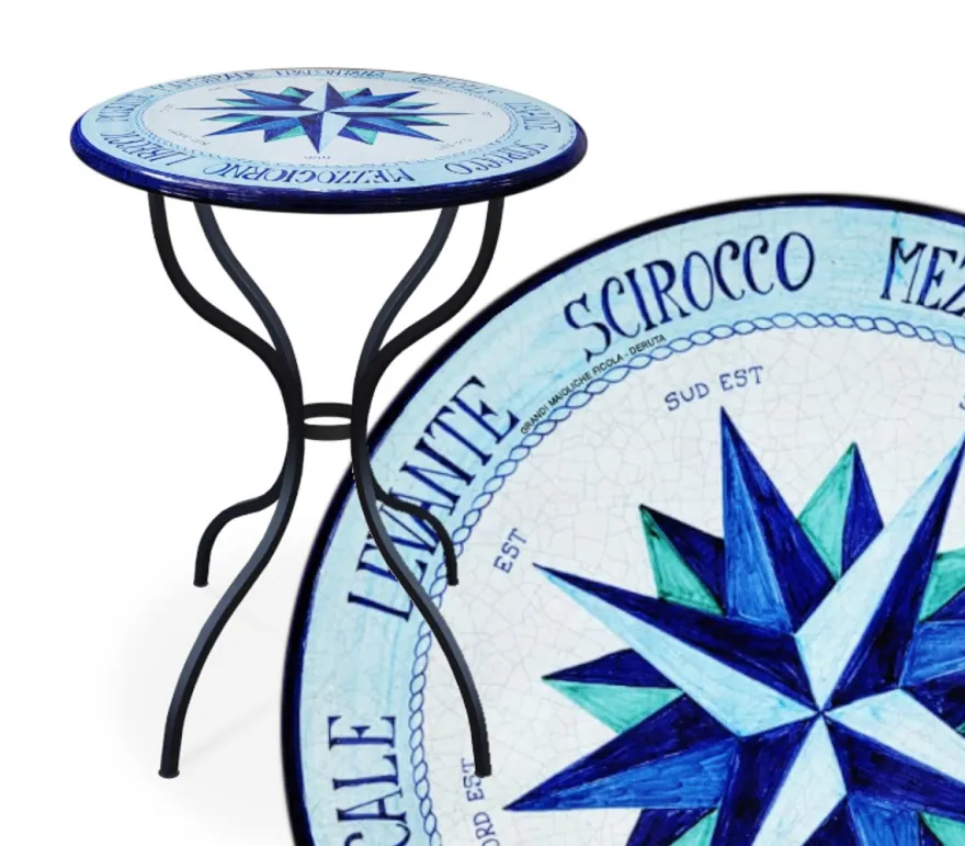 Casa Padrino Luxus Jugendstil Gartentisch Windrose Blau Ø 60 cm - Runder Esstisch aus handbemaltem Lavastein - Gastronomie Möbel - Made in Italy