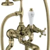Casa Padrino Luxus Jugendstil Badewannenarmatur Gold / Weiß H. 50,3 cm - Nostalgische Messing Badewannen Armatur mit Handbrause - Nostalgisches Badezimmer Zubehör