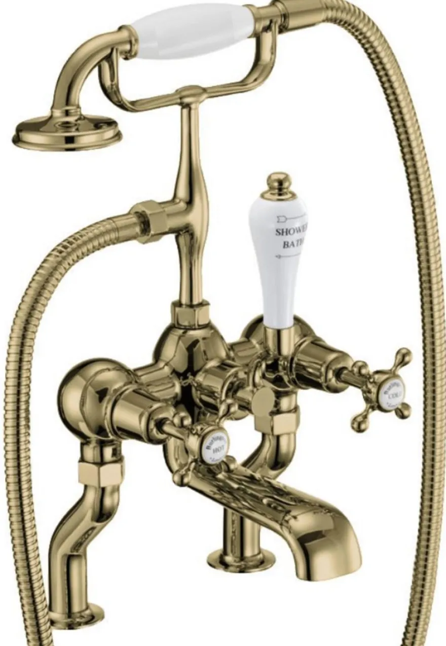 Casa Padrino Luxus Jugendstil Badewannenarmatur Gold / Weiß H. 50,3 cm - Nostalgische Messing Badewannen Armatur mit Handbrause - Nostalgisches Badezimmer Zubehör