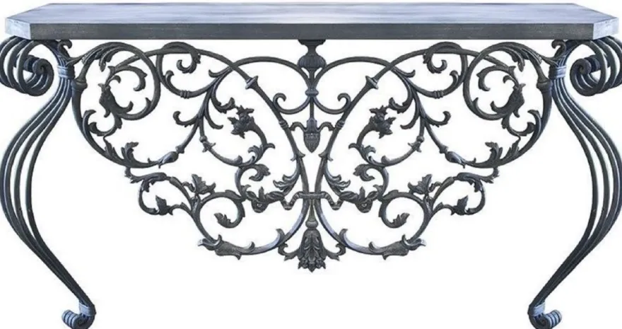 Casa Padrino Luxus Jugendstil Konsole Grau 150 x 45 x H. 90 cm - Handgefertigter Schmiedeeisen Konsolentisch mit Metall Tischplatte - Wohnzimmer Garten Terrassen Möbel