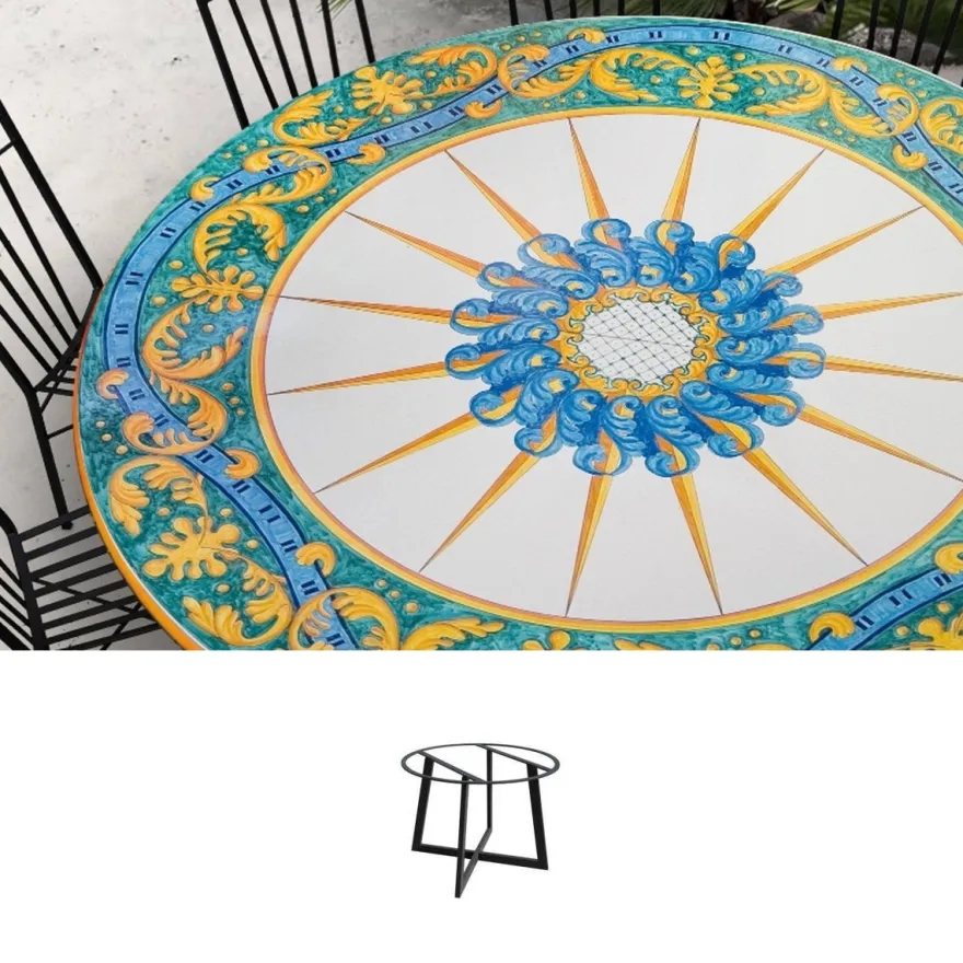 Casa Padrino Luxus Jugendstil Gartentisch Sonnenstern Ø 160 cm - Runder Esstisch aus handbemaltem Lavastein - Gastronomie Möbel - Made in Italy