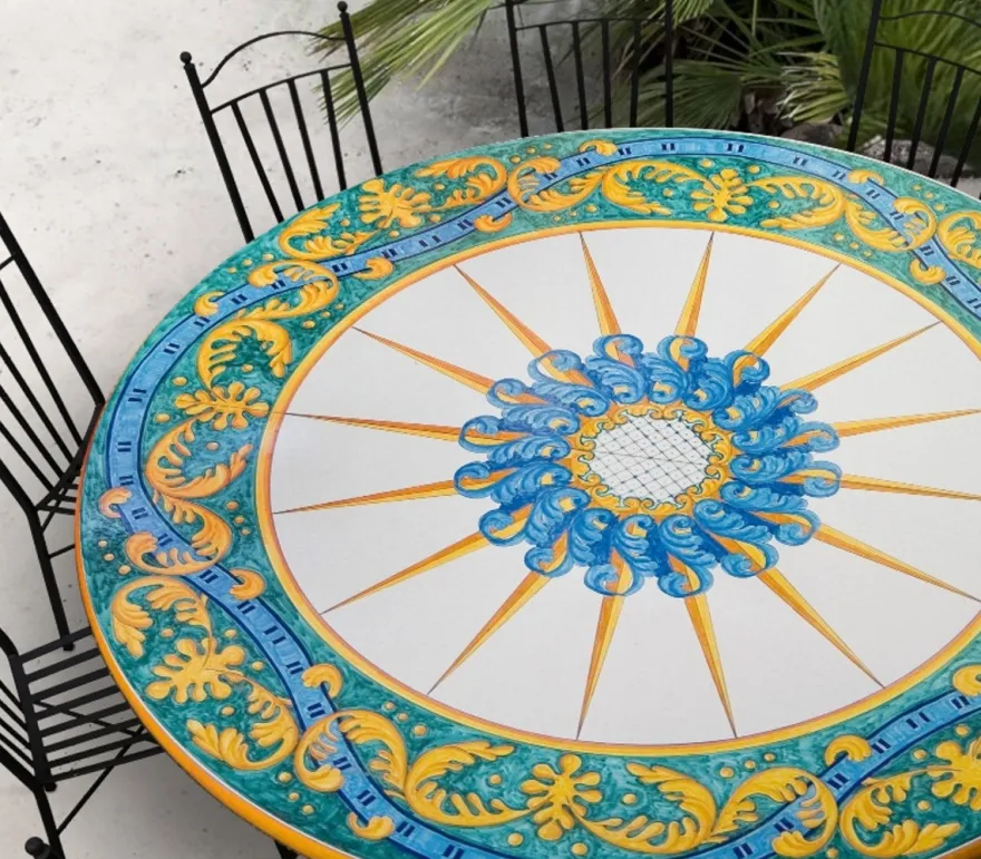 Casa Padrino Luxus Jugendstil Gartentisch Sonnenstern Ø 160 cm - Runder Esstisch aus handbemaltem Lavastein - Gastronomie Möbel - Made in Italy
