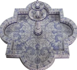 Casa Padrino Luxus Jugendstil Springbrunnen Weiß / Blau 300 x 300 x H. 155 cm - Handgefertigter & Handbemalter Keramik Gartenbrunnen - Barock & Jugendstil Garten Deko Accessoires