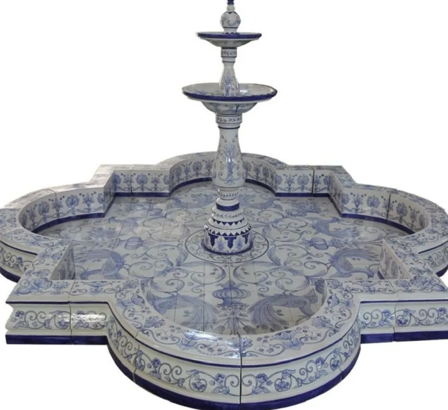 Casa Padrino Luxus Jugendstil Springbrunnen Weiß / Blau 300 x 300 x H. 155 cm - Handgefertigter & Handbemalter Keramik Gartenbrunnen - Barock & Jugendstil Garten Deko Accessoires