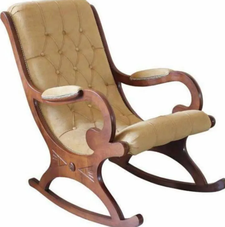 Casa Padrino Luxus Jugendstil Leder Schaukelsessel Beige / Braun - Handgefertigter Echtleder Schaukelstuhl mit Armlehnen - Barock & Jugendstil Leder Wohnzimmer & Büro Möbel - Made in Italy