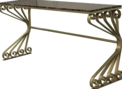 Casa Padrino Luxus Jugendstil Konsole Messingfarben / Grau 200 x 60 x H. 84 cm - Edler Konsolentisch mit Marmorplatte und handgefertigtem Schmiedeeisen Gestell - Wohnzimmer Garten Terrassen Möbel