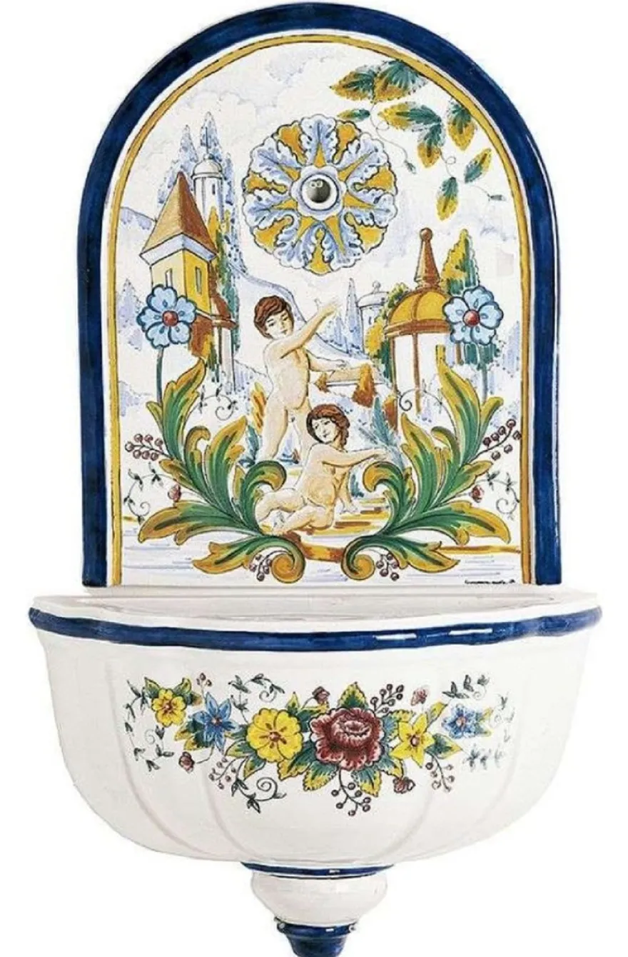 Casa Padrino Luxus Jugendstil Wandbrunnen Weiß / Mehrfarbig 62 x H. 104 cm - Handgefertigter & handbemalter Keramik Brunnen - Barock & Jugendstil Garten Deko Accessoires