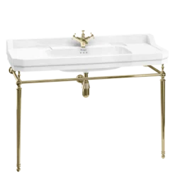 Casa Padrino Luxus Jugendstil Waschtisch Weiß / Gold 121 x 51 x H. 90 cm - Porzellan 1-Loch Stand Waschbecken mit Untergestell - Badezimmer Möbel