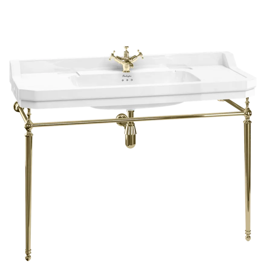 Casa Padrino Luxus Jugendstil Waschtisch Weiß / Gold 121 x 51 x H. 90 cm - Porzellan 1-Loch Stand Waschbecken mit Untergestell - Badezimmer Möbel