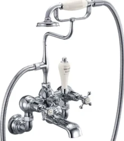 Casa Padrino Luxus Jugendstil Aufputz Badewannenarmatur Silber / Cremefarben H. 46,95 cm - Nostalgische Messing Badewannen Armatur mit Handbrause - Nostalgisches Badezimmer Zubehör