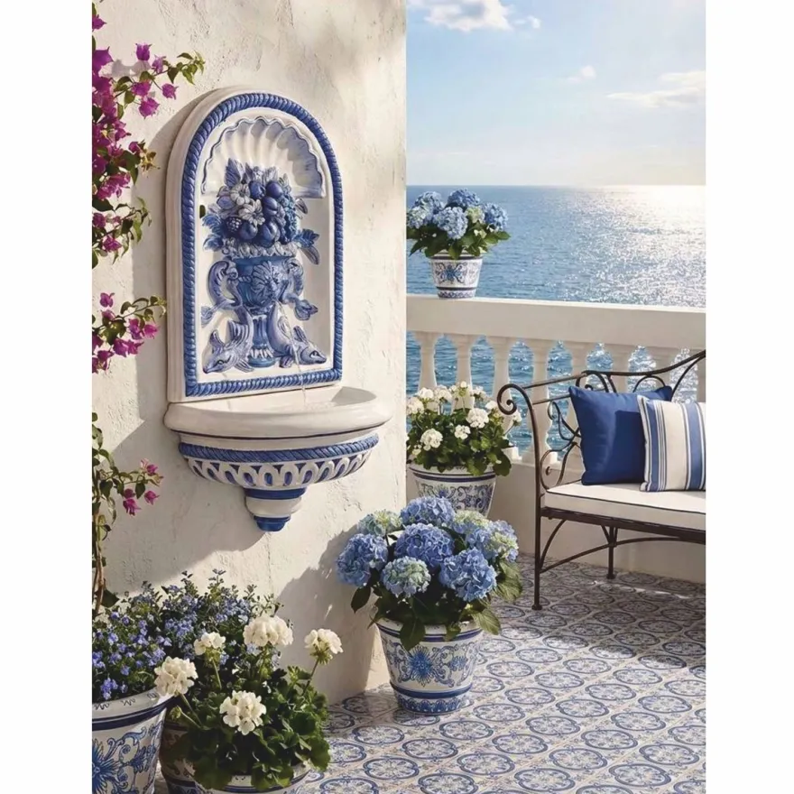 Casa Padrino Luxus Jugendstil Wandbrunnen Weiß / Blau H. 130 cm - Garten Deko