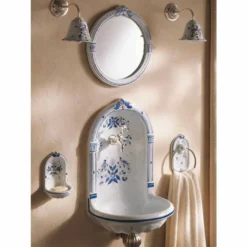 Casa Padrino Luxus Jugendstil Keramik Wandseifenschale Weiß / Blau H. 18 cm - Jugendstil Badezimmer Accessoires - Made in Italy