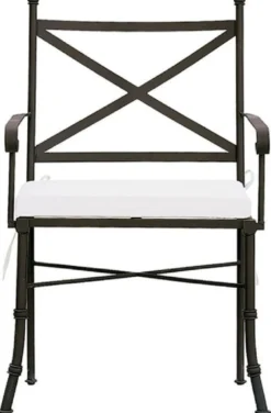 Casa Padrino Luxus Jugendstil Gartenstuhl mit Armlehnen und Sitzkissen Braun / Weiß 61 x 51 x H. 97 cm - Handgeschmiedeter Esszimmer Stuhl - Esszimmer Garten Terrassen Möbel