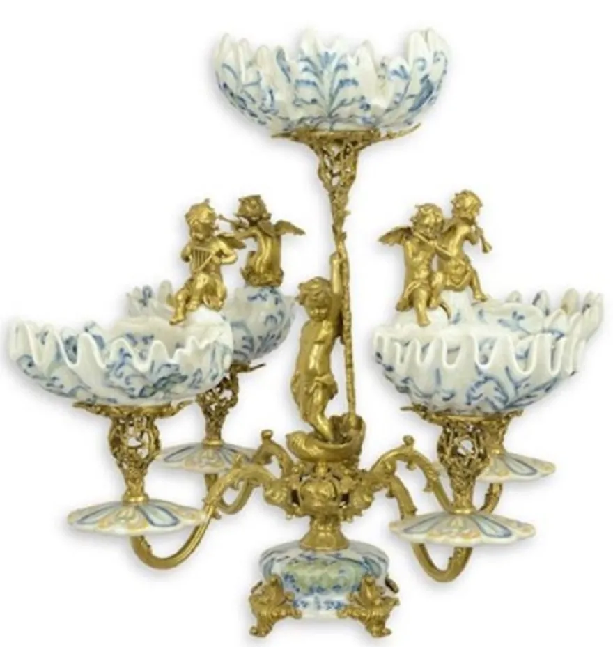 Casa Padrino Luxus Jugendstil Etagere mit dekorativen Engelsfiguren Creme / Blau / Gold H. 55 cm - Hotel & Restaurant Accessoires - Barock & Jugendstil Deko Accessoires