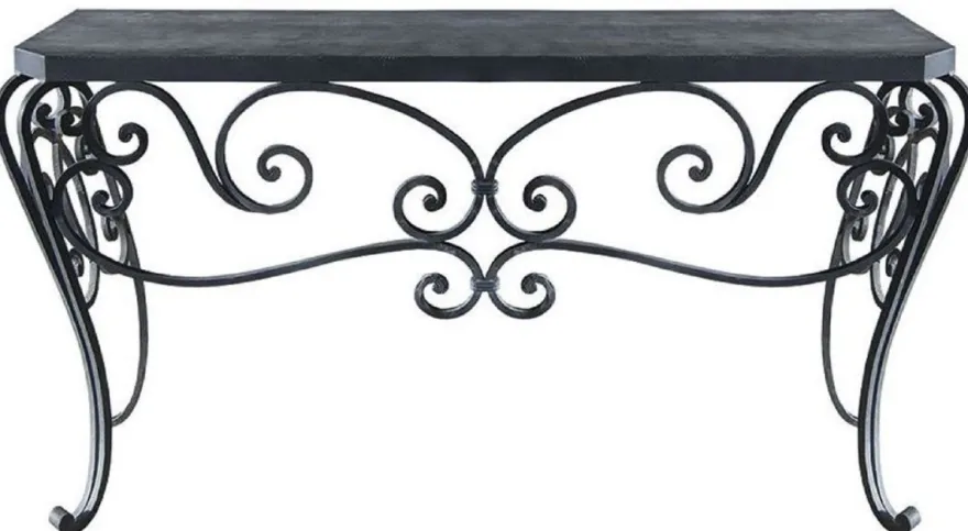 Casa Padrino Luxus Jugendstil Konsole Schwarz 156 x 50 x H. 87 cm - Handgefertigter Schmiedeeisen Konsolentisch mit Metall Tischplatte - Wohnzimmer Garten Terrassen Möbel