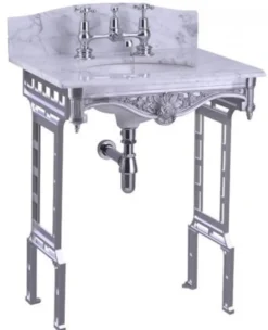 Casa Padrino Luxus Jugendstil Stand Waschtisch Weiß / Aluminium mit Marmorplatte 650 x 575 x 957 mm