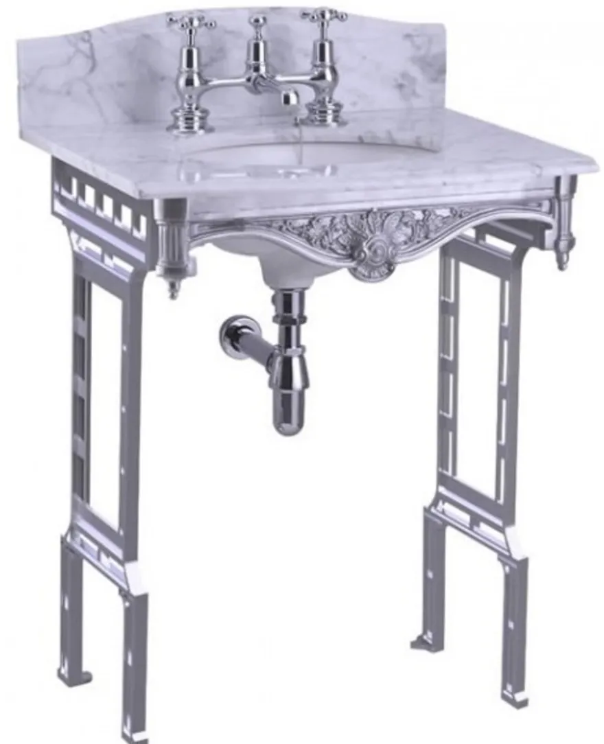 Casa Padrino Luxus Jugendstil Stand Waschtisch Weiß / Aluminium mit Marmorplatte 650 x 575 x 957 mm