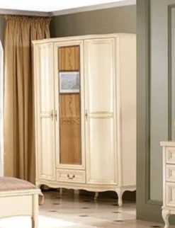 Casa Padrino Luxus Jugendstil Schlafzimmerschrank Cremefarben 147,8 x 63,5 x H. 206 cm - Massivholz Kleiderschrank mit 3 Türen und Schublade - Barock & Jugendstil Schlafzimmer Möbel