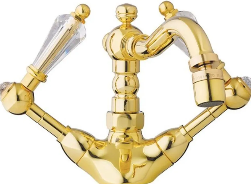 Casa Padrino Luxus Jugendstil Waschtisch Armatur mit Swarovski Kristallglas Gold H. 14,5 cm - Nostalgisches Bad Zubehör - Luxus Qualität - Made in Italy
