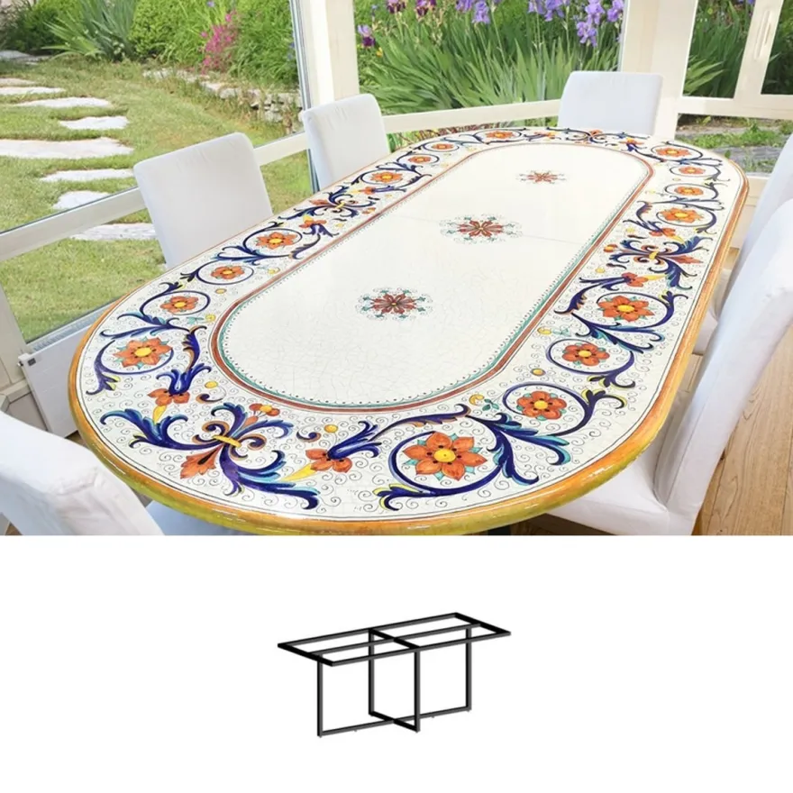 Casa Padrino Luxus Jugendstil Gartentisch Ornamentbordüre 250 × 120 cm - Ovaler Esstisch aus handbemaltem Lavastein - Gastronomie Möbel - Made in Italy