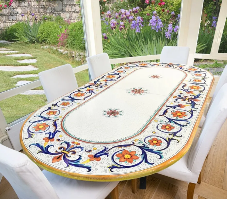 Casa Padrino Luxus Jugendstil Gartentisch Ornamentbordüre 250 × 120 cm - Ovaler Esstisch aus handbemaltem Lavastein - Gastronomie Möbel - Made in Italy